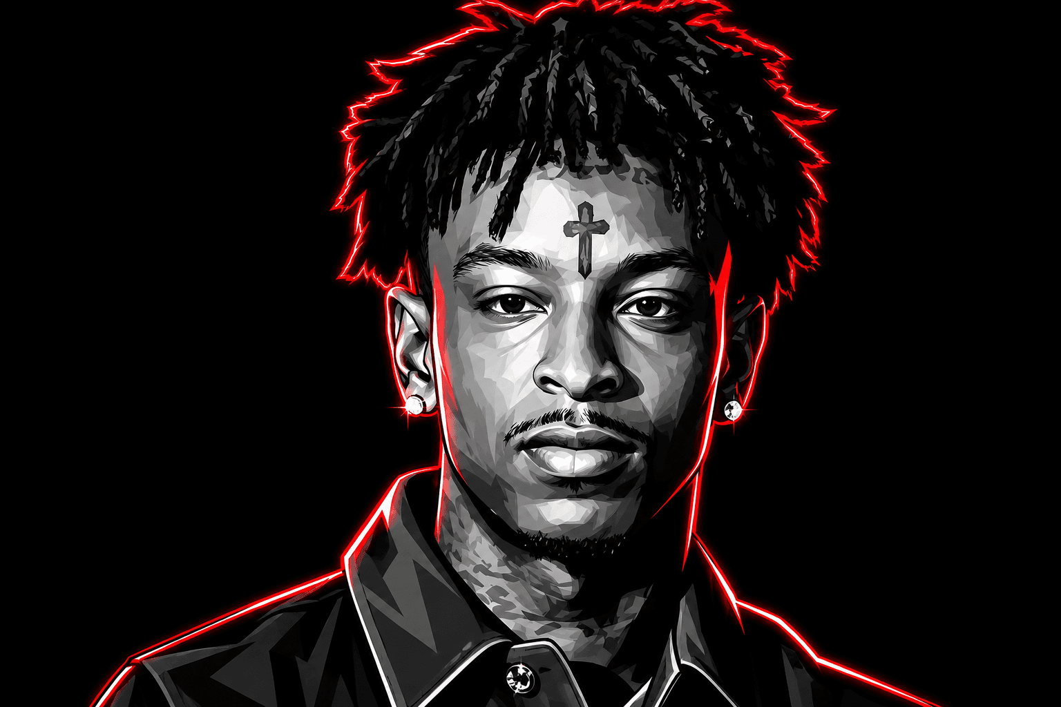 Black & White Vector Portrait AI Prompt with Red Neon Glow | Comic Book Art Generator