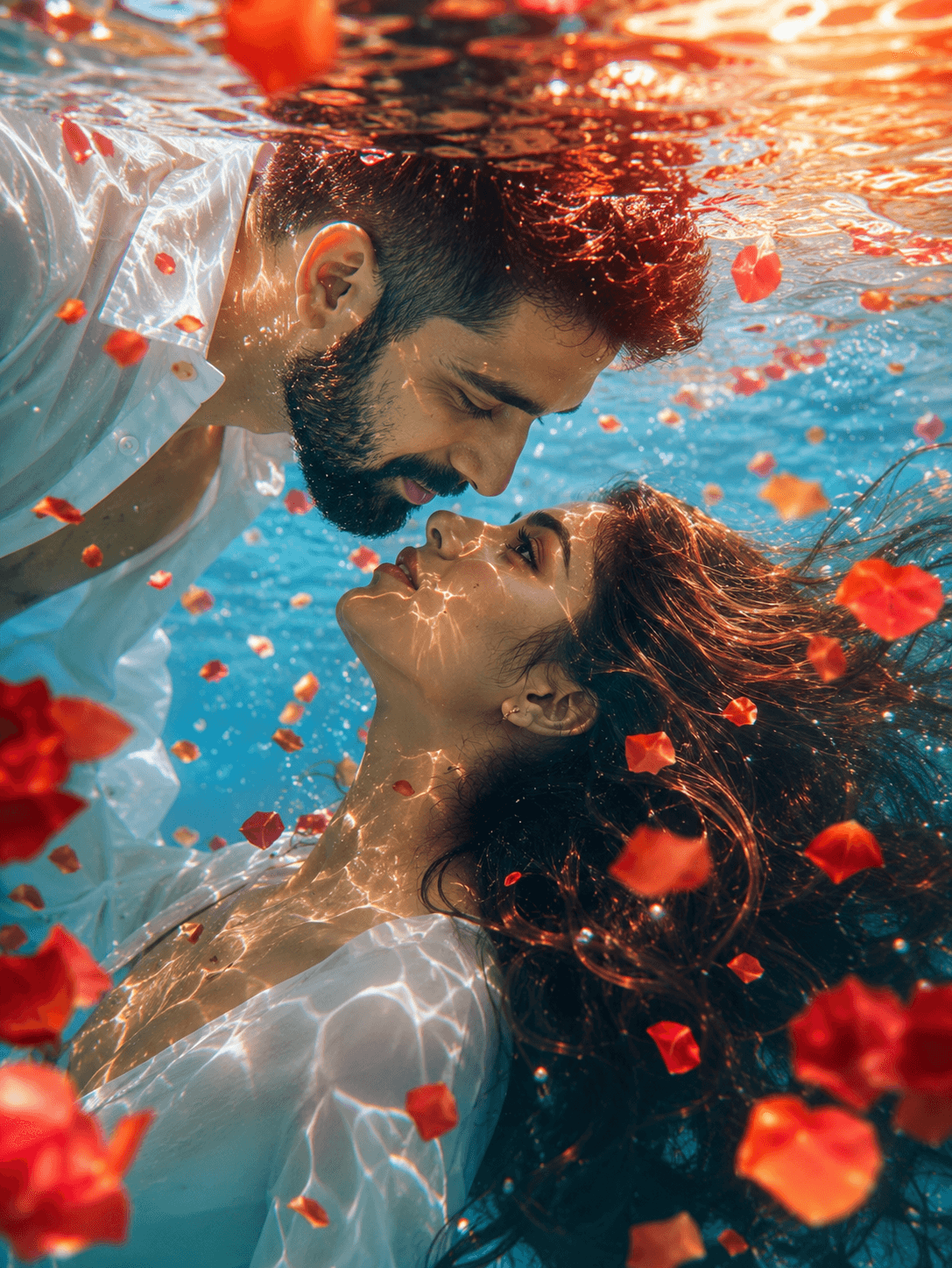 Ultra Realistic Underwater Couple Near Kiss AI Prompt | Romantic Cinematic Portrait Generator