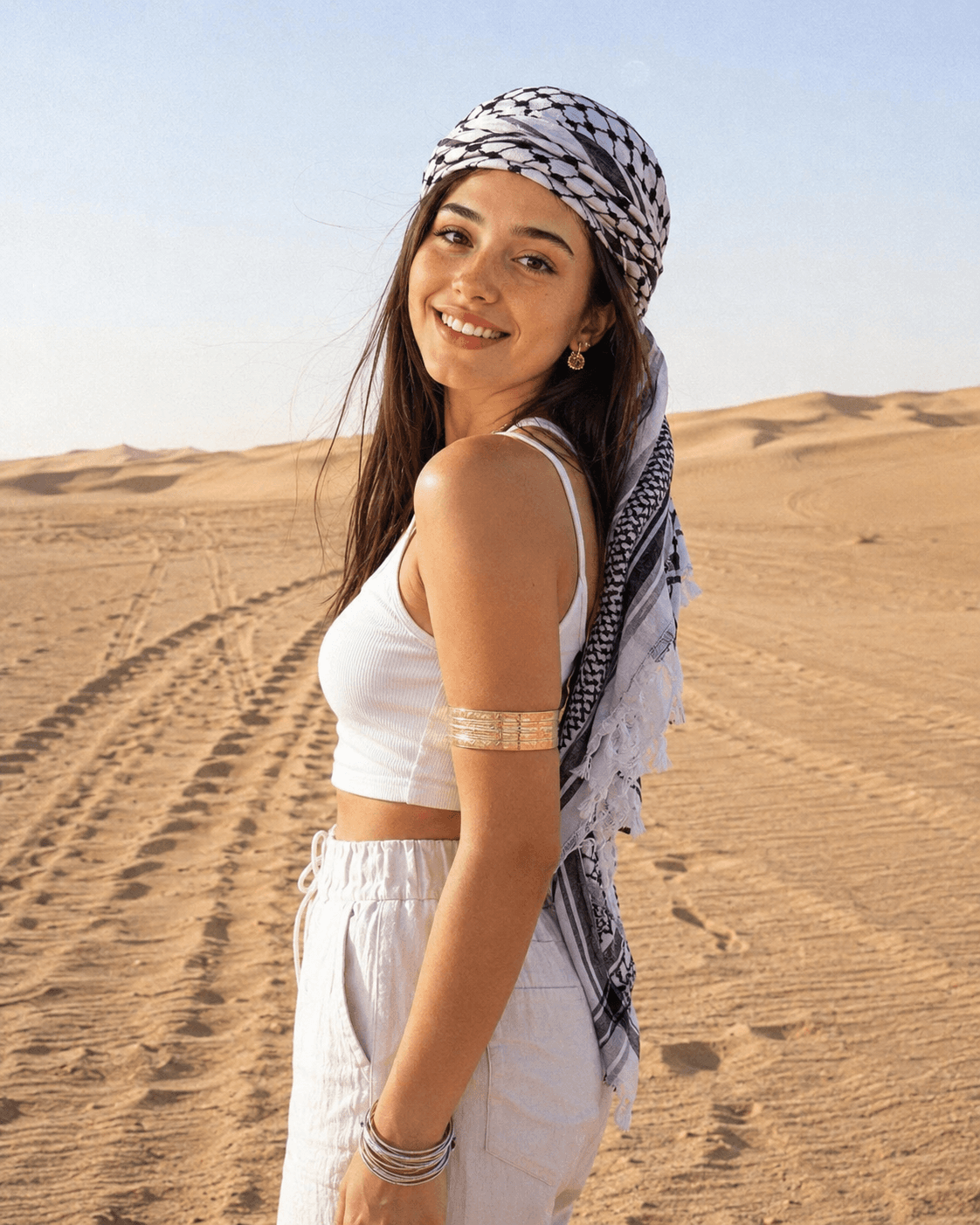 Hyper-Photorealistic Desert Fashion Portrait Prompt | AI Model Photography Prompt with Keffiyeh, CCD Camera Aesthetic, Luxury Editorial Style