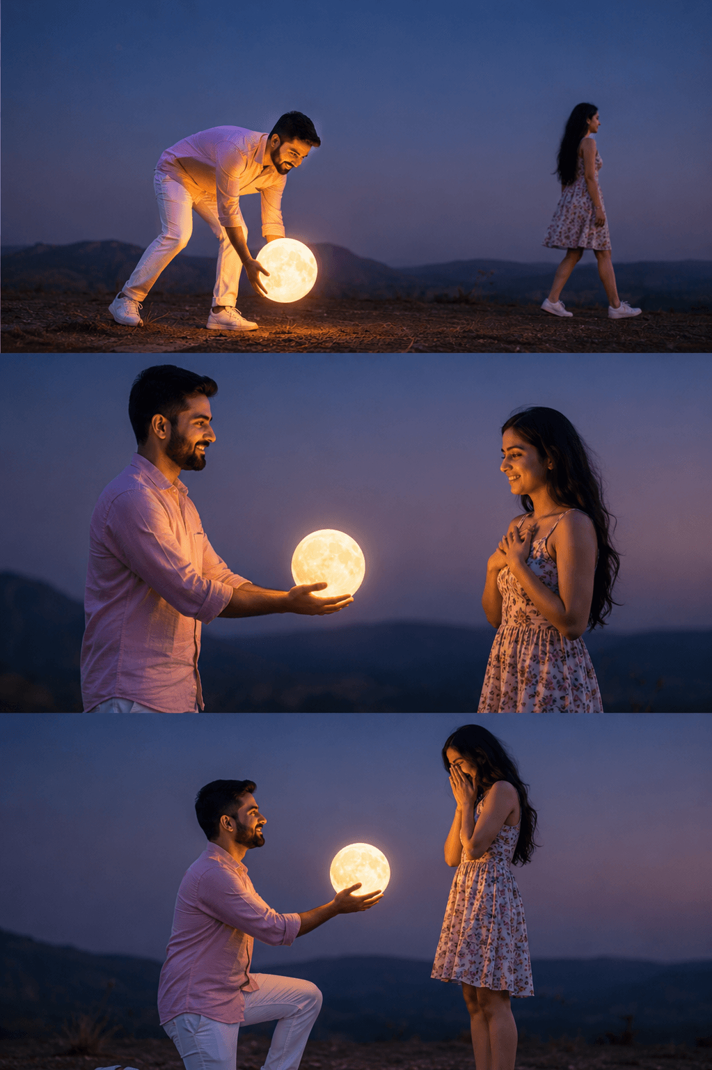 Romantic Cinematic Moon Couple AI Art | Dreamy 3 Panel Love Scene preview 1