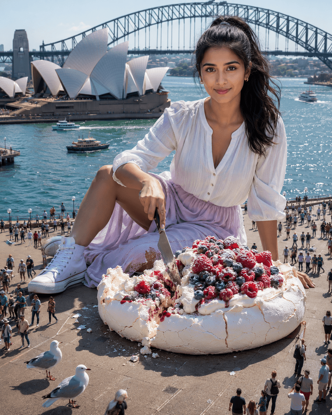 Ultra Realistic Giant Woman in Sydney Eating Giant Pavlova – Cinematic AI Image Prompt