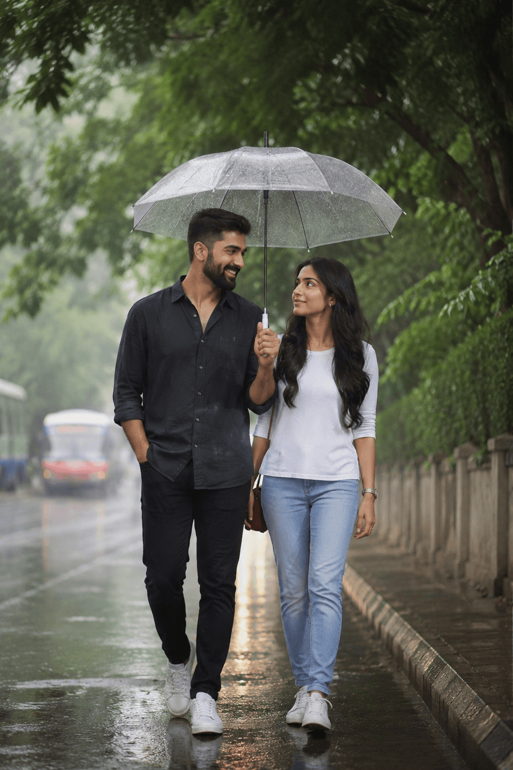 Romantic Rain Couple Portrait | Cinematic AI Art Prompt preview 1