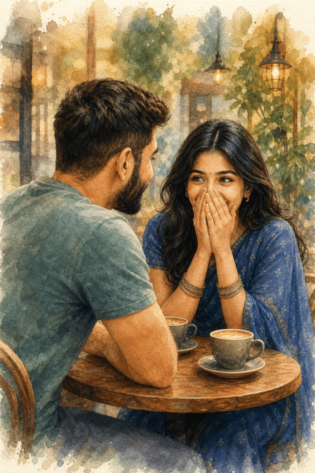 Romantic Couple Watercolor Illustration Prompt | AI Art Prompt for Cozy Café Scene, Realistic Portrait Style