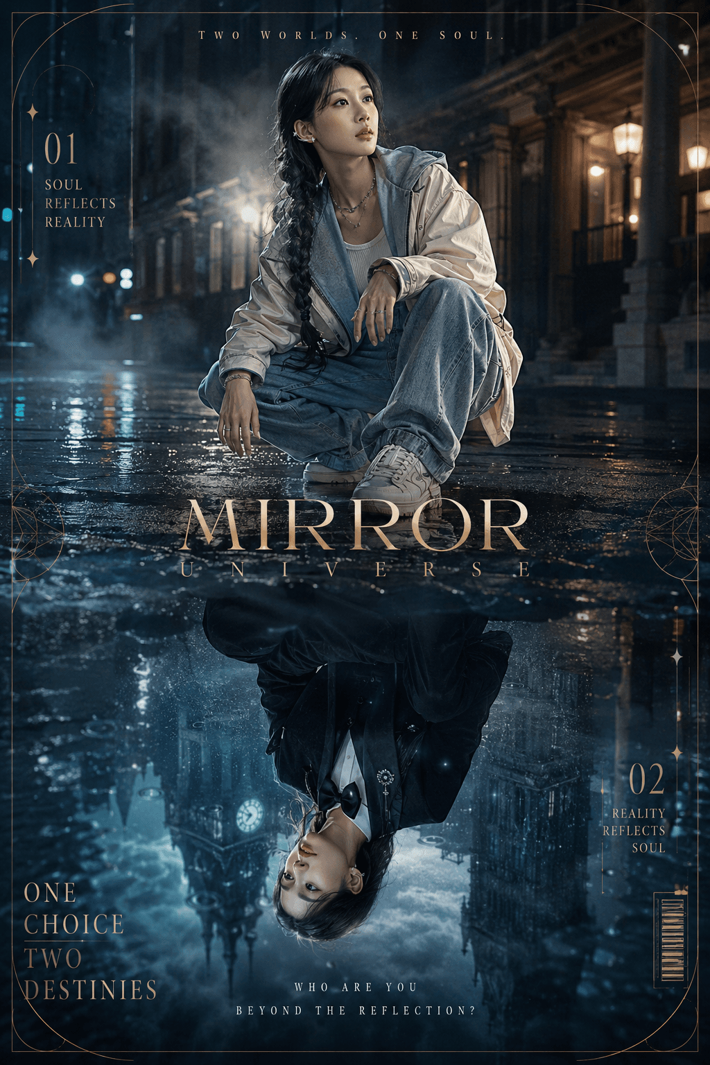 Symmetrical Mirror Universe Cinematic Poster Prompt | 8K AI Photo Manipulation | Luxury Editorial Fashion | Reflection Effect | ChatGPT & AI Image Generator