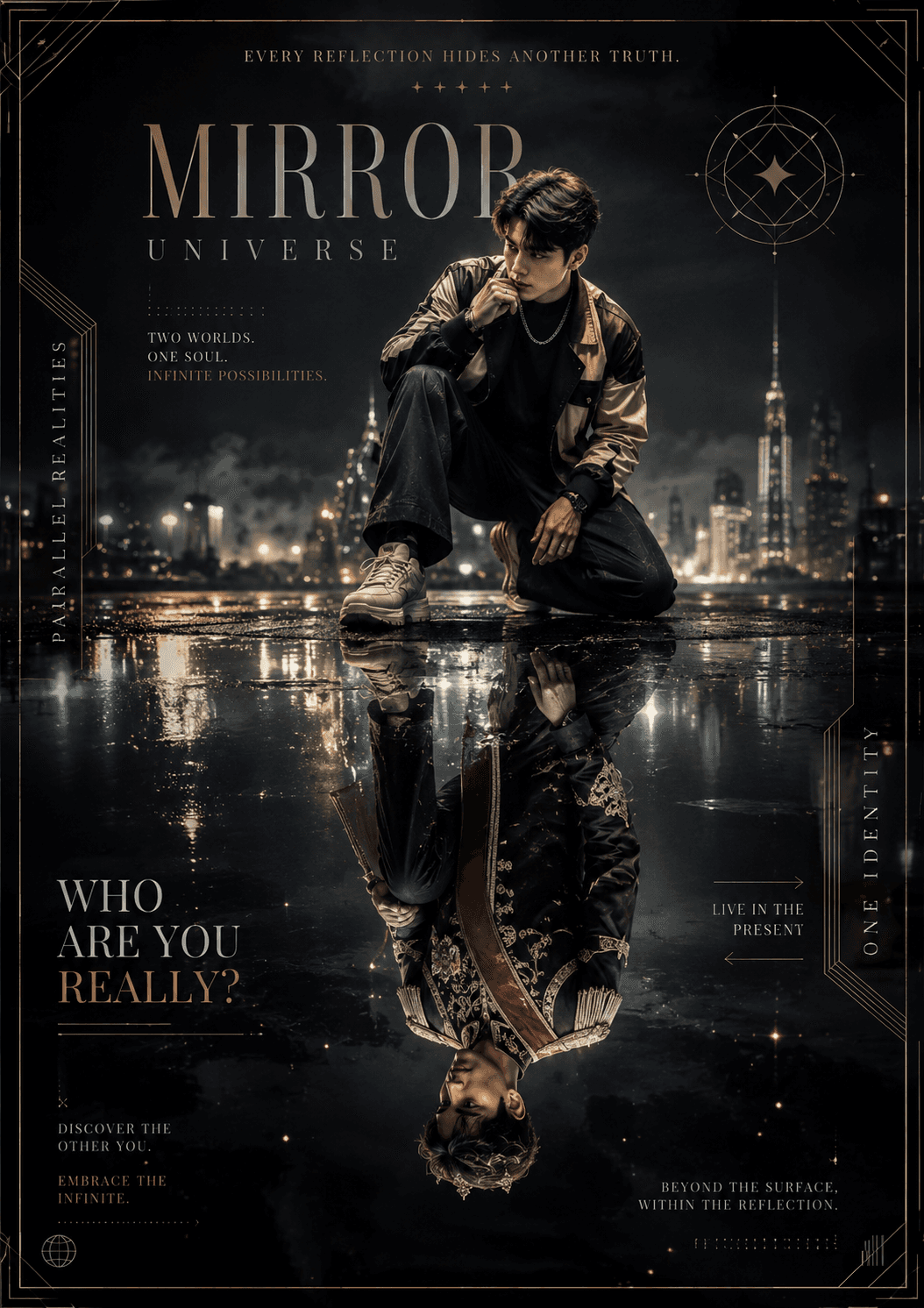 Symmetrical Mirror Universe AI Poster Prompt | 8K Cinematic Reflection Effect | Luxury Fashion Editorial | ChatGPT & AI Image Generator Prompt