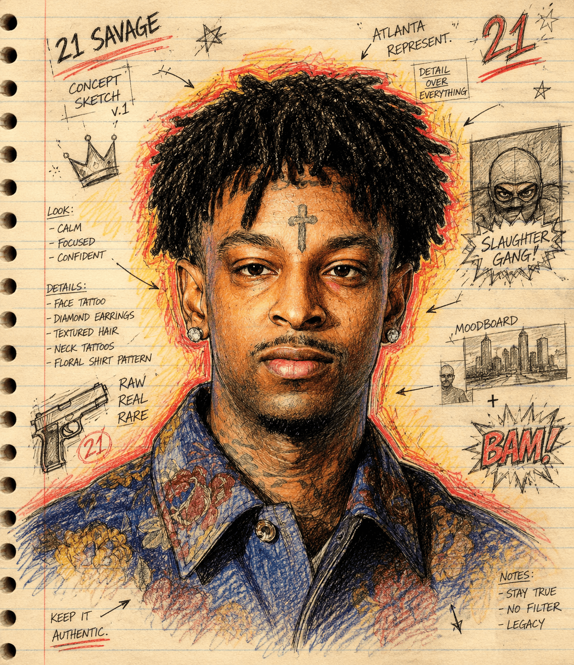 Hand Drawn Sketchbook Portrait AI Prompt | Colored Pencil Notebook Illustration | Concept Art Doodle Style | Midjourney, ChatGPT & Flux