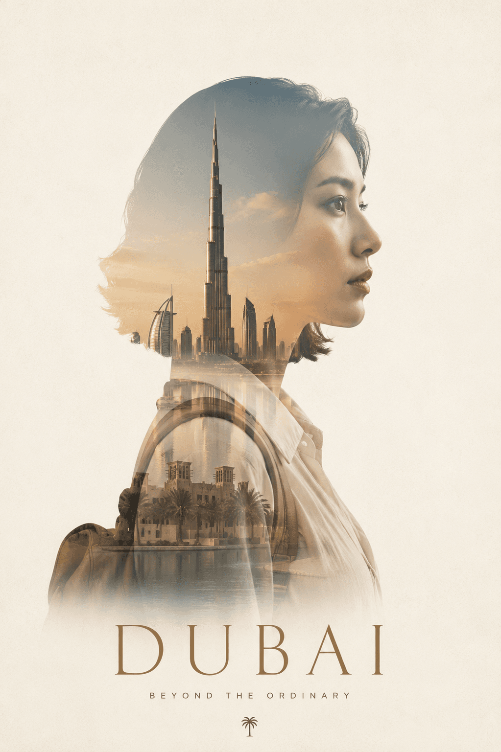 Minimalist Double Exposure Dubai Travel Poster Prompt | AI Travel Portrait Generator