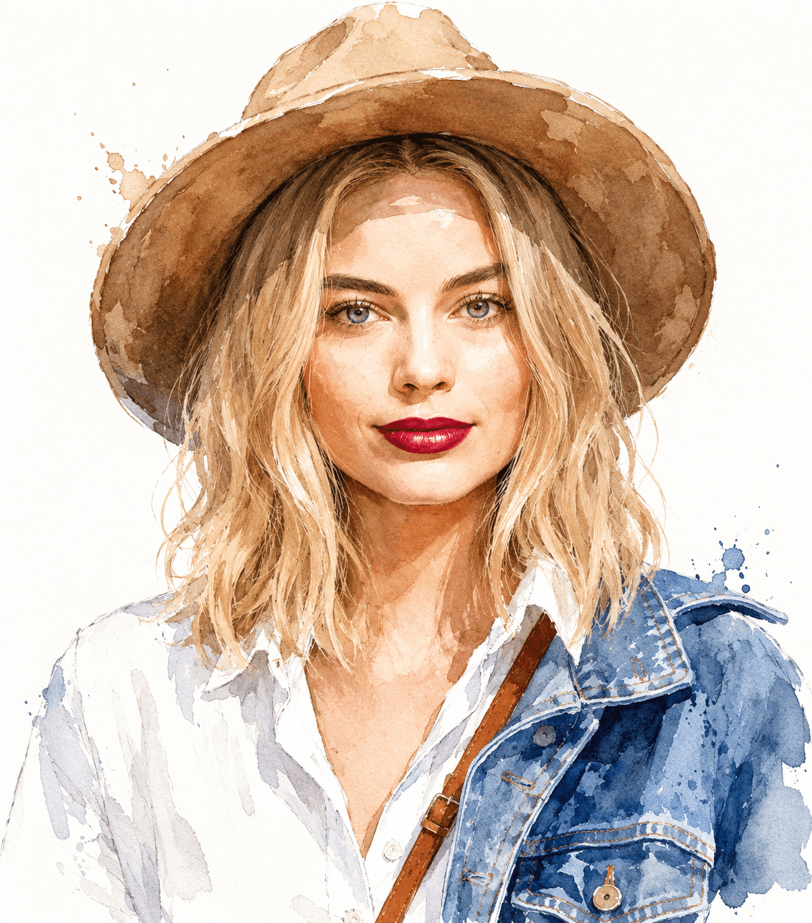 Watercolor Fashion Portrait Prompt | Elegant Female Character Illustration with Denim Jacket & White Background
