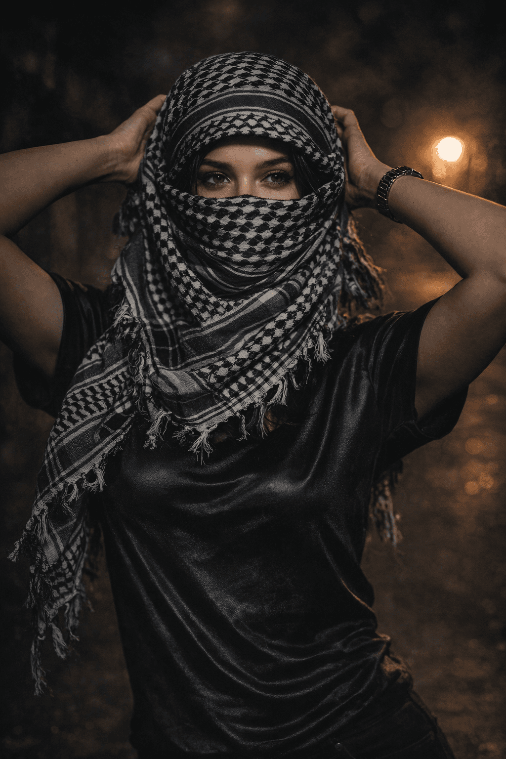Night Portrait Photo Editing Prompt – Cinematic Low Light Portrait With Keffiyeh (8K)