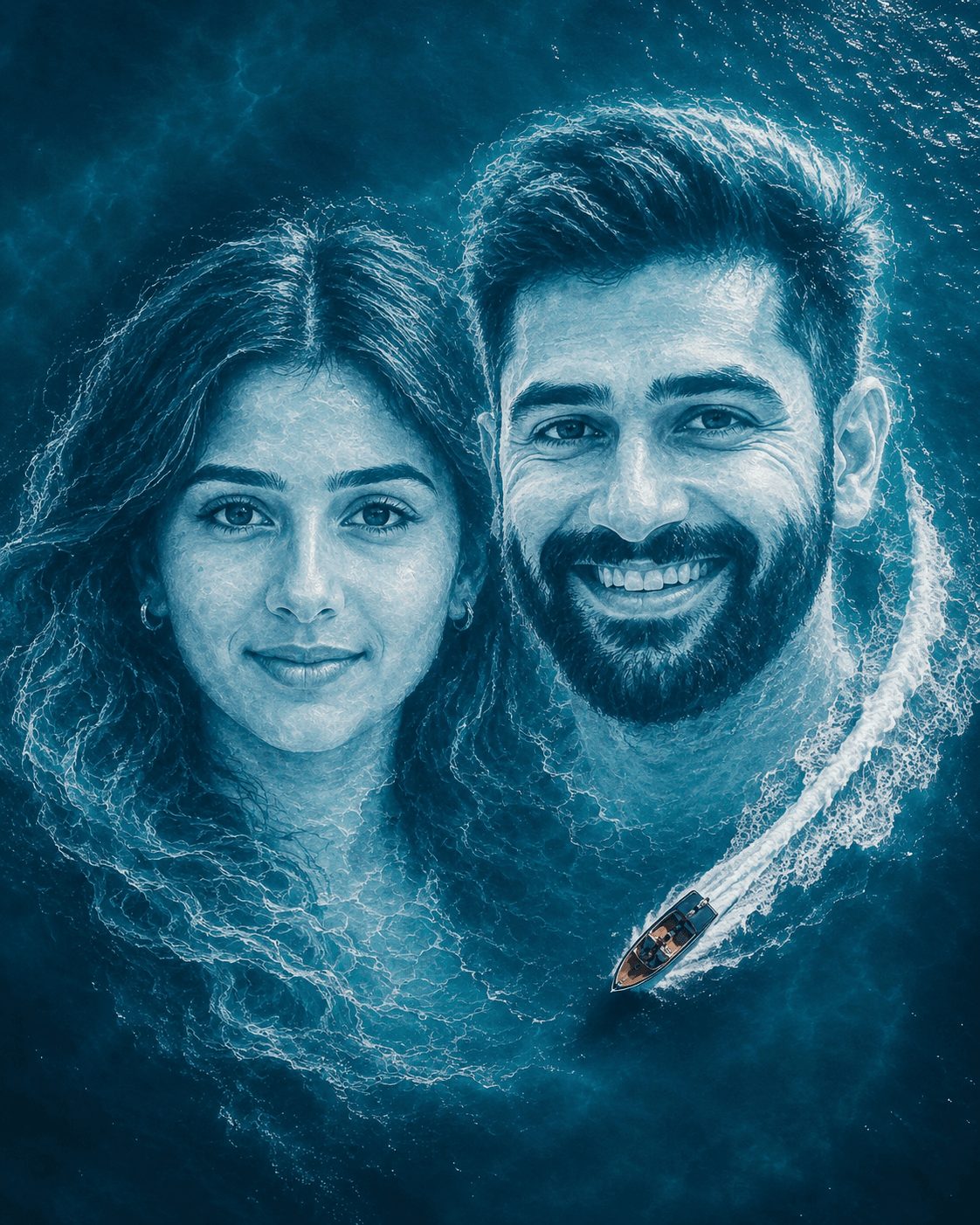 Ocean Wave Couple Portrait AI Prompt | Drone View Water Face Art preview 2