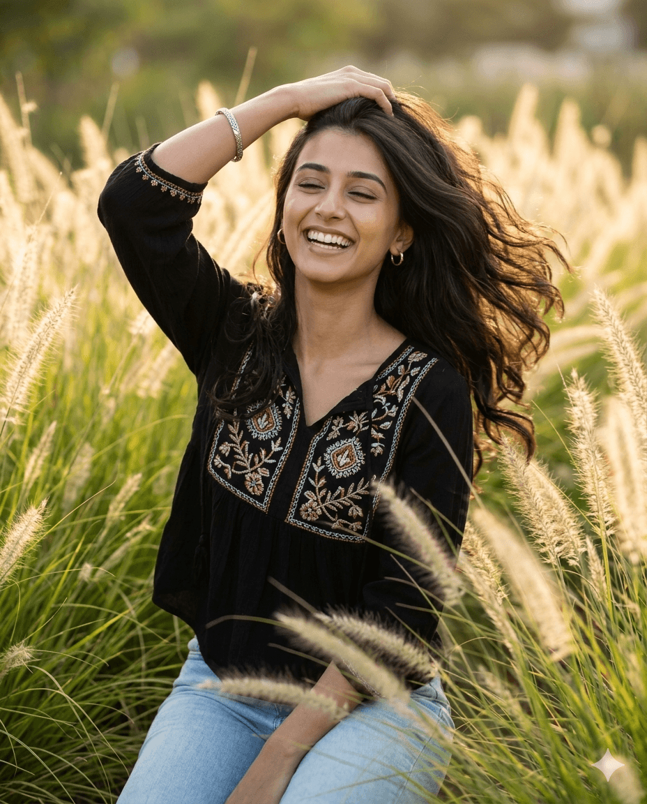 Ultra Realistic Golden Hour Garden, waterfall and feshion editorial Portrait  preview 1