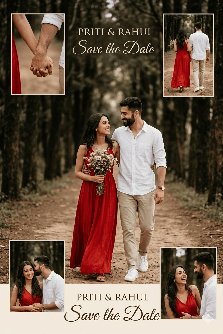 Midjourney AI Prompt for Consistent Pre-Wedding Couple Photoshoot Collage | Custom Face Swap Wedding Poster