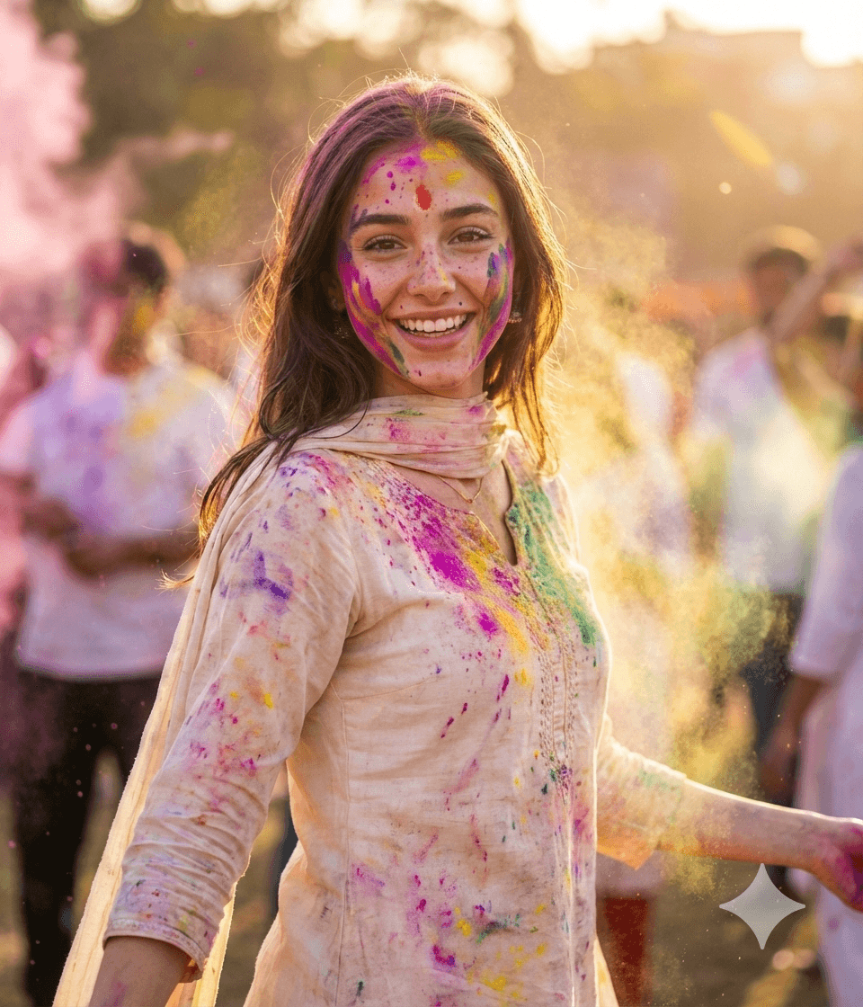 A young woman celebrating the vibrant festival of Holi