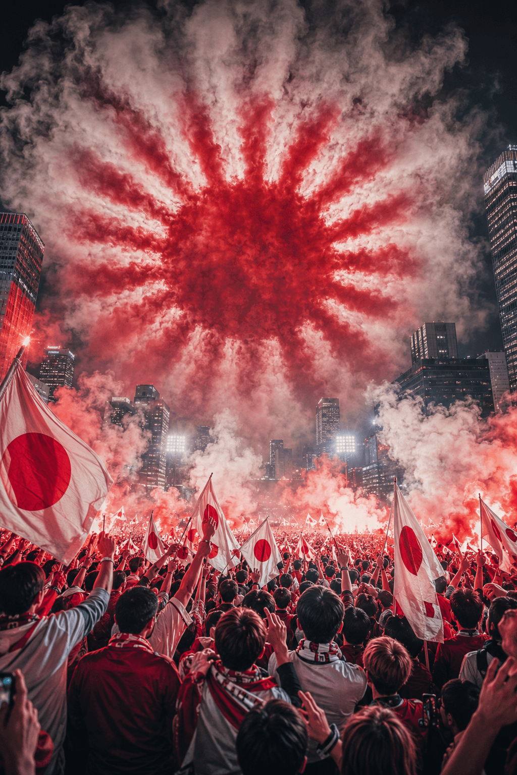Japan Rising Sun Smoke Crowd Poster Prompt | Hyper-Realistic Sports Campaign AI Art
