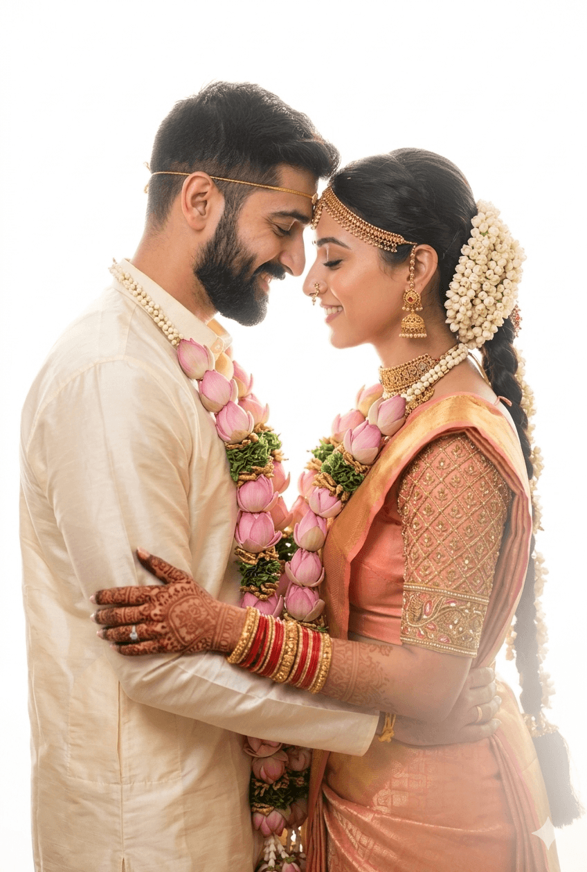 Intimate South Indian Bride & Groom AI Prompt (Peach Kanjeevaram & Lotus Garlands)