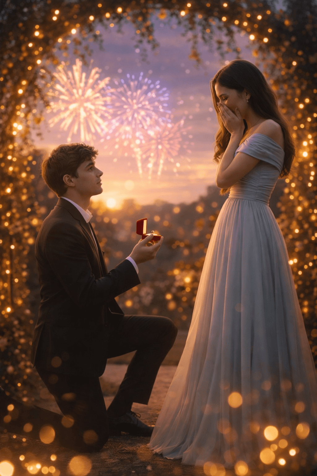 Romantic Proposal Scene in Garden with Fireworks – Cinematic Engagement Photography Prompt