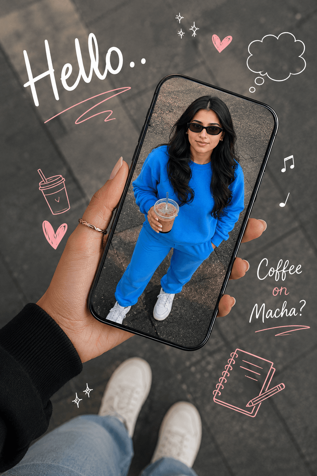 AI Photo Prompt: Smartphone Portal Effect with Real Girl Inside Phone, Pinterest Doodles, Instagram Story Lifestyle Ad