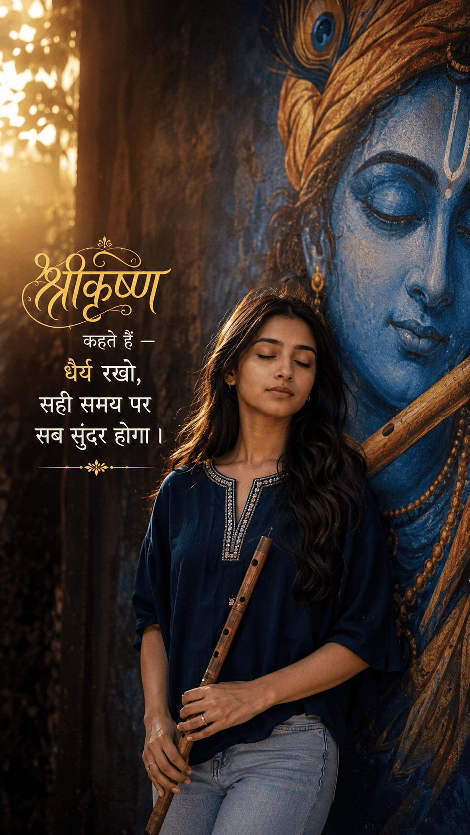 Ultra Realistic Krishna Devotional AI Art Prompt | Cinematic South Asian Girl Portrait | Hindi Typography 9:16