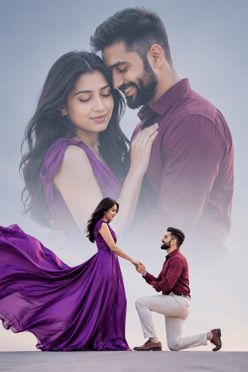Dreamy Double Exposure Couple Proposal Prompt | Cinematic Pre-Wedding AI Photography Prompt