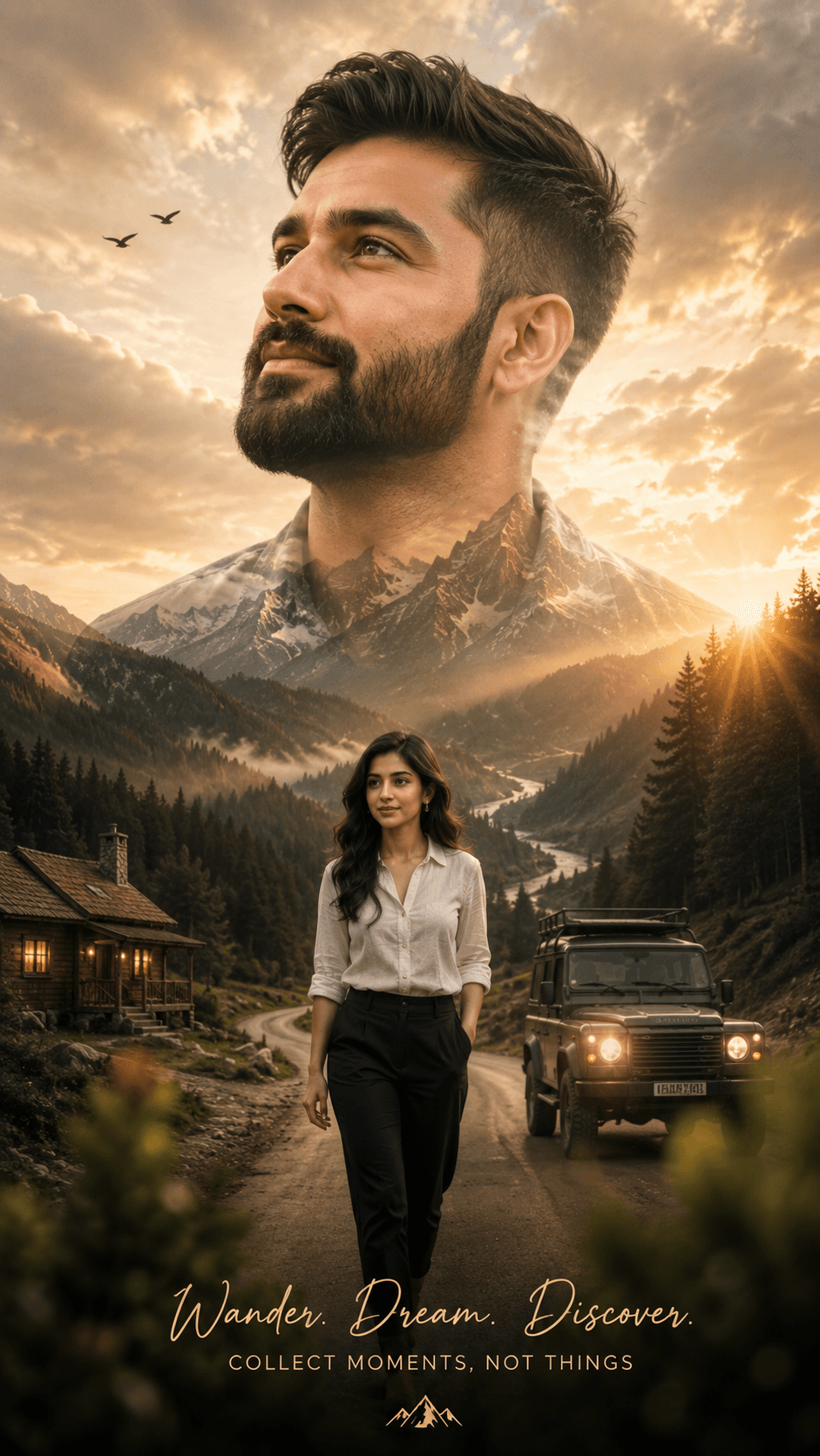 Double Exposure Travel Portrait Prompt | Cinematic Mountain Adventure Poster with Man & Woman | Midjourney v6.1