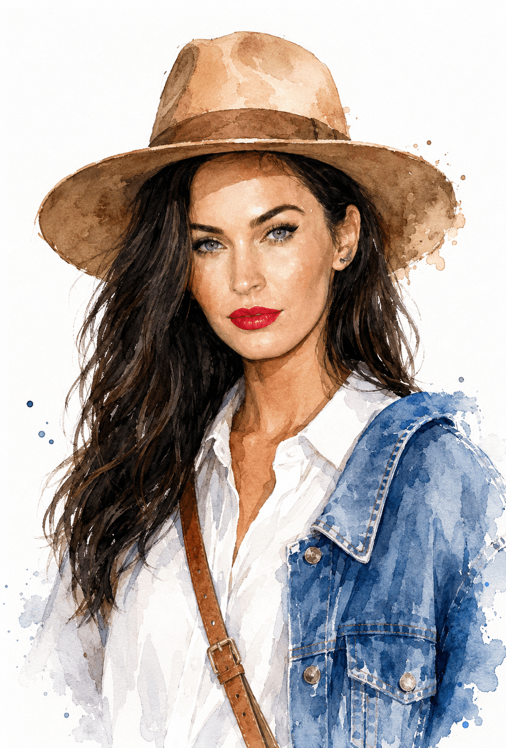 Watercolor Fashion Portrait Prompt | Elegant Female Illustration in Denim Jacket & White Shirt