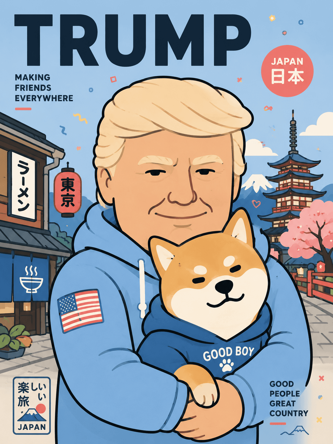 Cute Flat Vector Poster Prompt | Minimalist Cartoon Hugging Dog in Japan Street | AI Image Generation Prompt