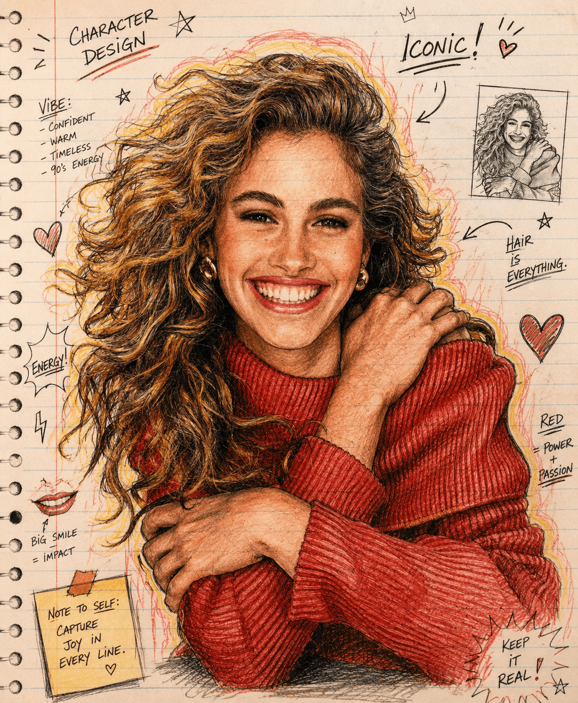 Sketchbook Concept Art Portrait Prompt | Hand-Drawn Colored Pencil & Ink Notebook Illustration | AI Image Generation Prompt