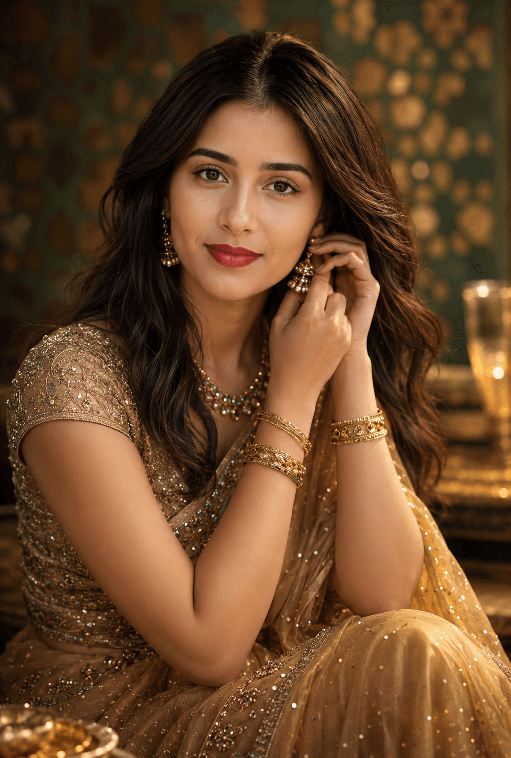 Elegant South Asian Woman Portrait Prompt | Golden Saree Ethnic Fashion Photography AI Prompt