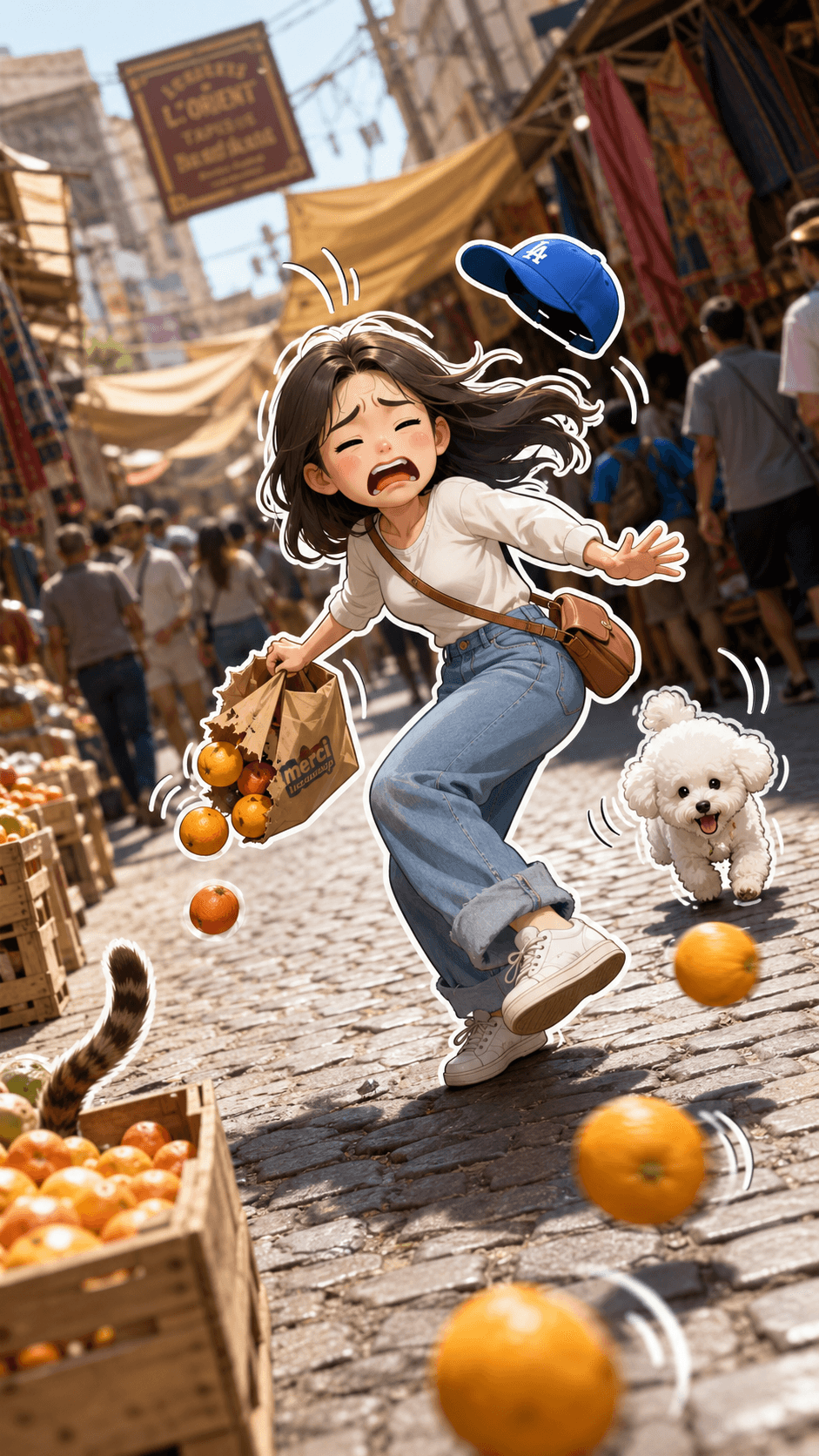 Funny 3D Sticker on Real Photo Prompt | Cartoon Character in Market Scene | AI Image Prompt for Midjourney & Flux