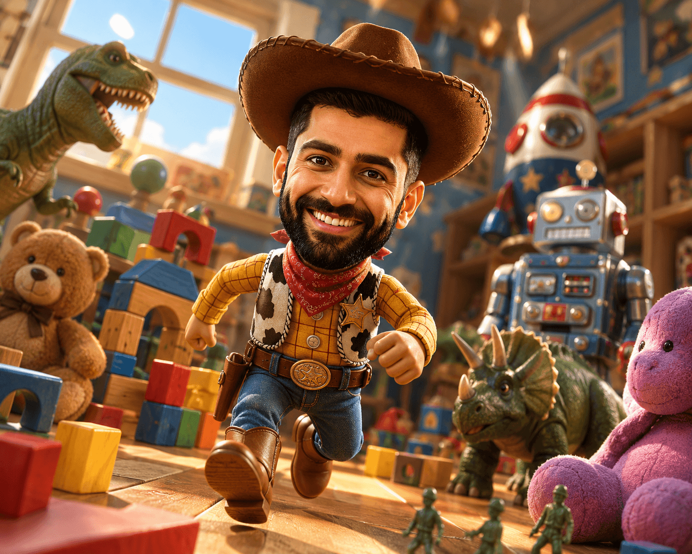 Toy Story Style 3D Character Transformation Prompt | AI Photo to Cute Cowboy Toy Character