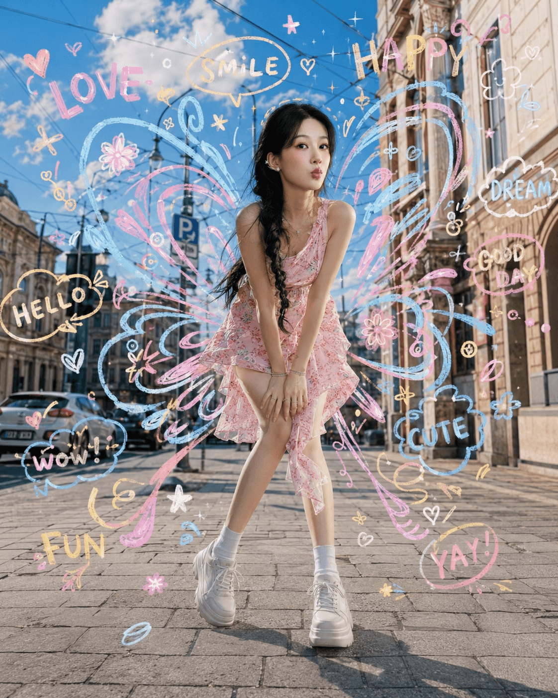 Ultra Realistic Travel Portrait Prompt | Face Reference Consistency | European Street Butterfly Doodle | FLUX, Midjourney, ChatGPT & AI Image Generator