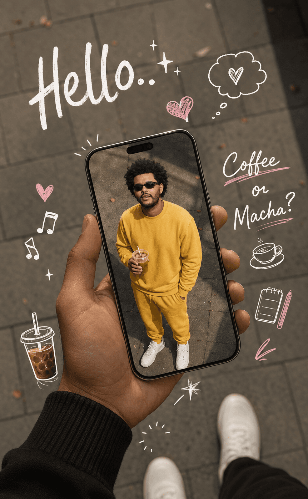 The Weeknd Phone Portal AI Prompt | Instagram Story Lifestyle Photo Effect with Doodles, Pinterest Aesthetic & Face Reference