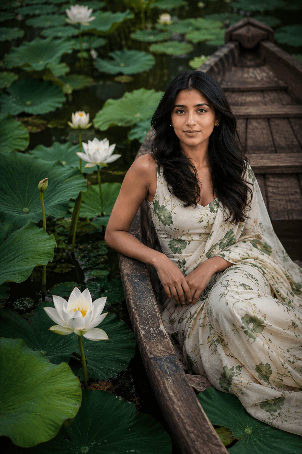 Ultra-Realistic Indian Woman in Lotus Pond Boat – Cinematic Fashion Editorial Prompt
