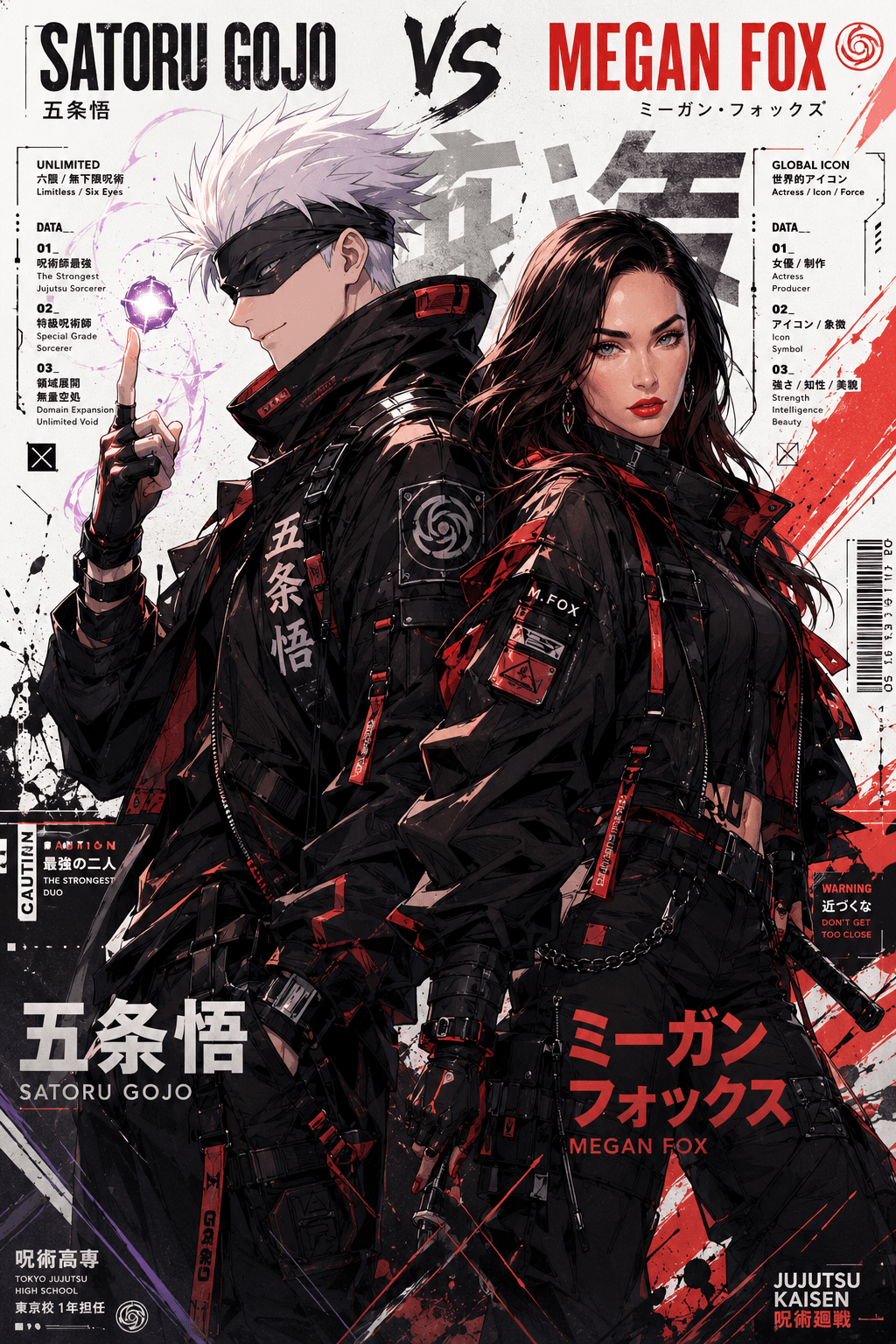 Anime Duo Poster Prompt | Gojo + Real Person AI Art Generator | Techwear Manga Key Visual | Midjourney, Flux, SDXL