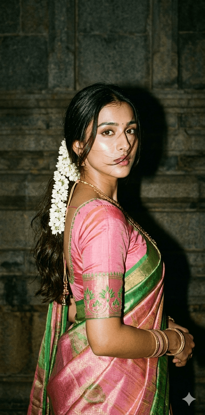 90s Vintage South Indian Cinematic Portrait – Film Grain Saree Aesthetic