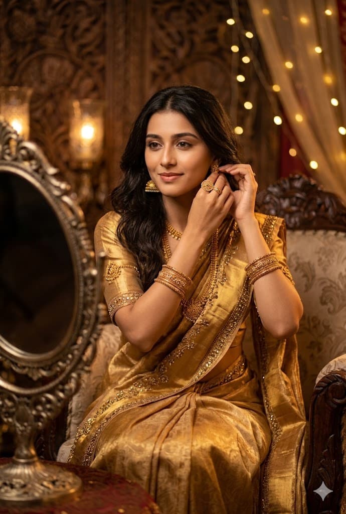 Elegant South Asian Woman in Golden Saree | Ultra Realistic Ethnic Portrait