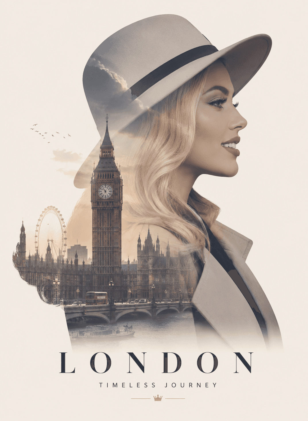 Minimalist Double Exposure London Travel Poster Prompt | AI Traveler Silhouette Art Generator