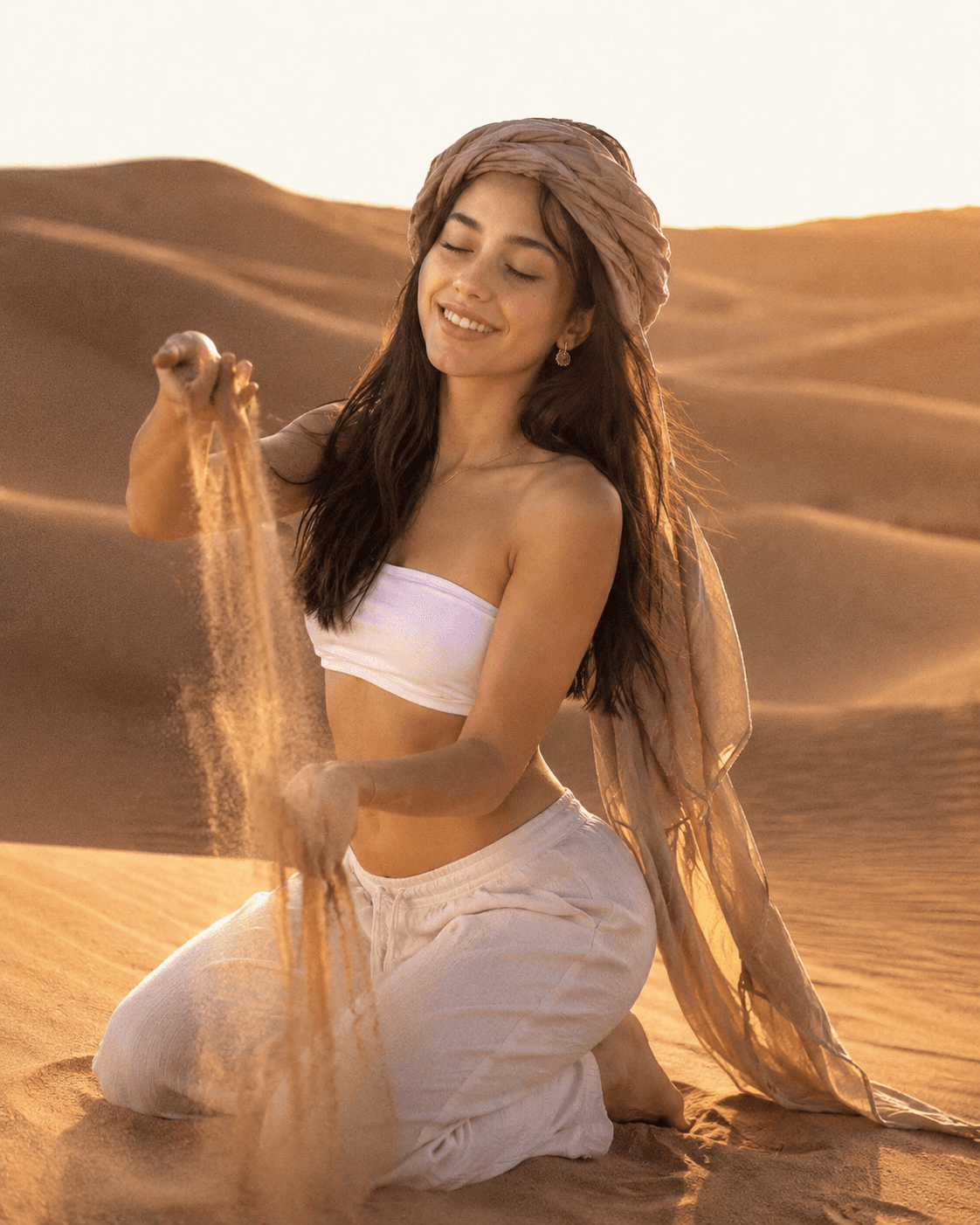 Hyper-Photorealistic Desert Portrait Prompt from Reference Photo | Golden Sunset Editorial AI Portrait Prompt