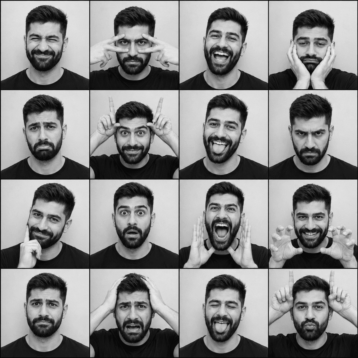 Black & White Photobooth Expression Grid AI Prompt | 4x4 preview 1