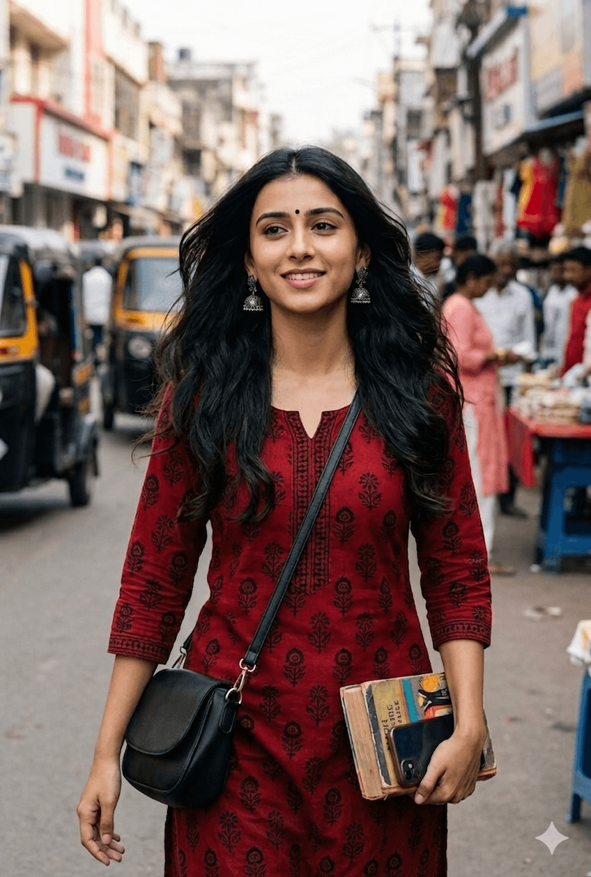 College Girl on Indian Street Market – Authentic Lifestyle Stock Image