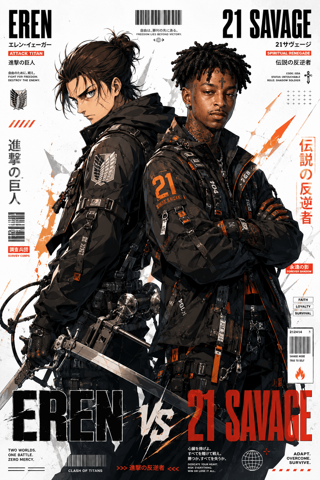 Eren x 21 Savage Anime Techwear Poster Prompt | Ultra-Detailed Duo Character AI Art Generator