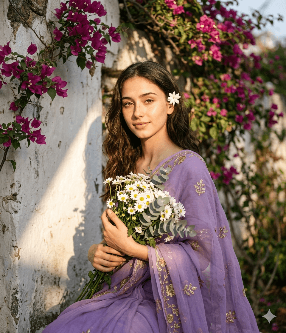 Romantic AI Art: Woman in Purple Saree Holding White Daisies | Soft Sunlit Aesthetic