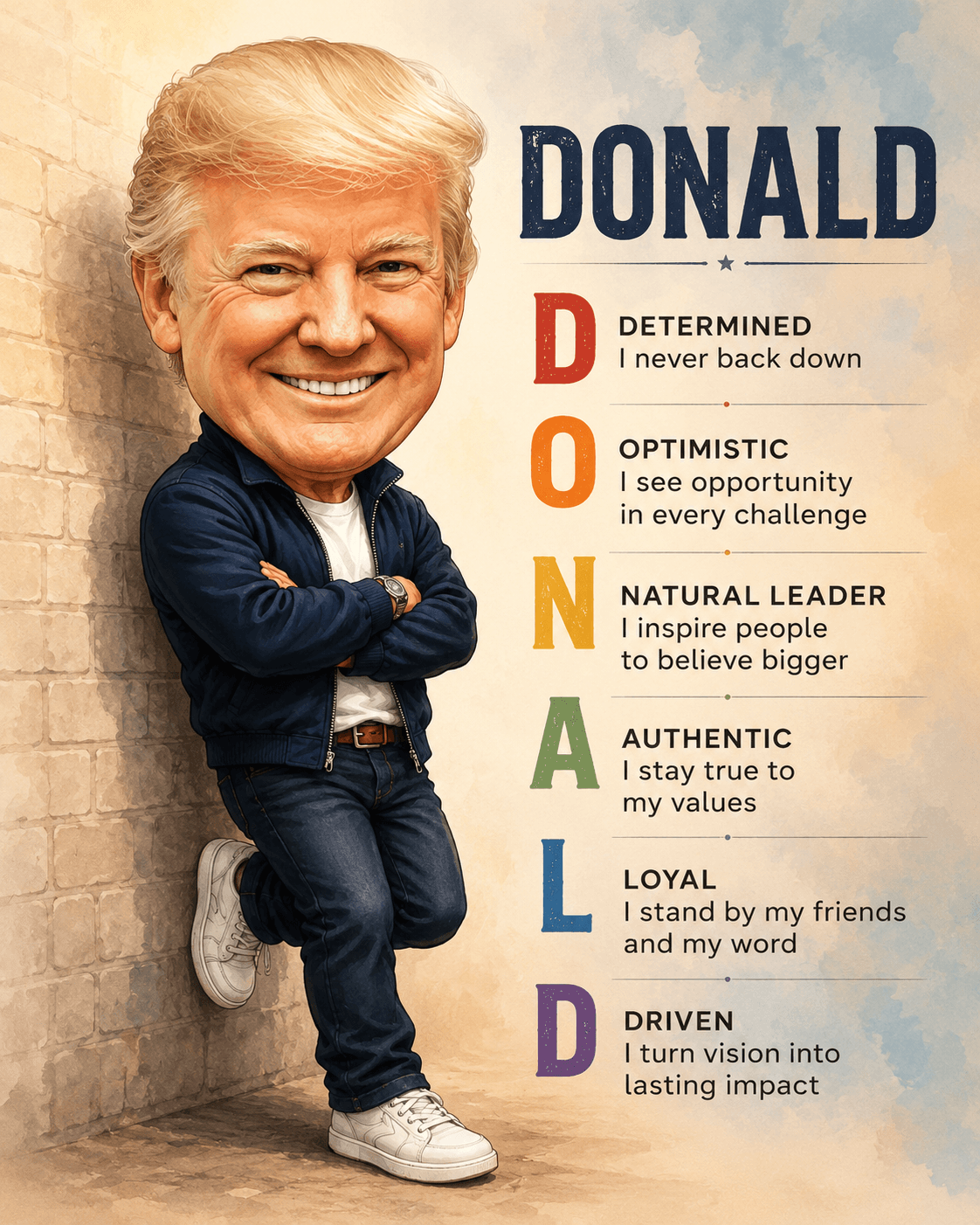Donald Trump Mini-Me Cartoon Portrait Prompt | Personalized Chibi Character Illustration with Name Acrostic