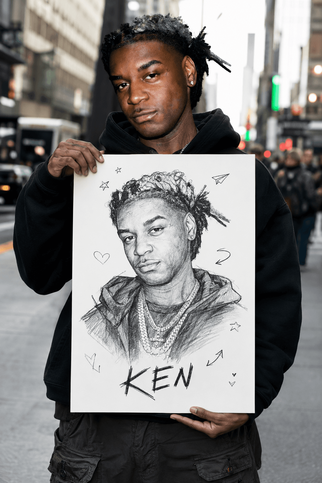 Ultra-Realistic Creator Street Portrait Prompt | Hold Your Own Sketch Poster AI Photo