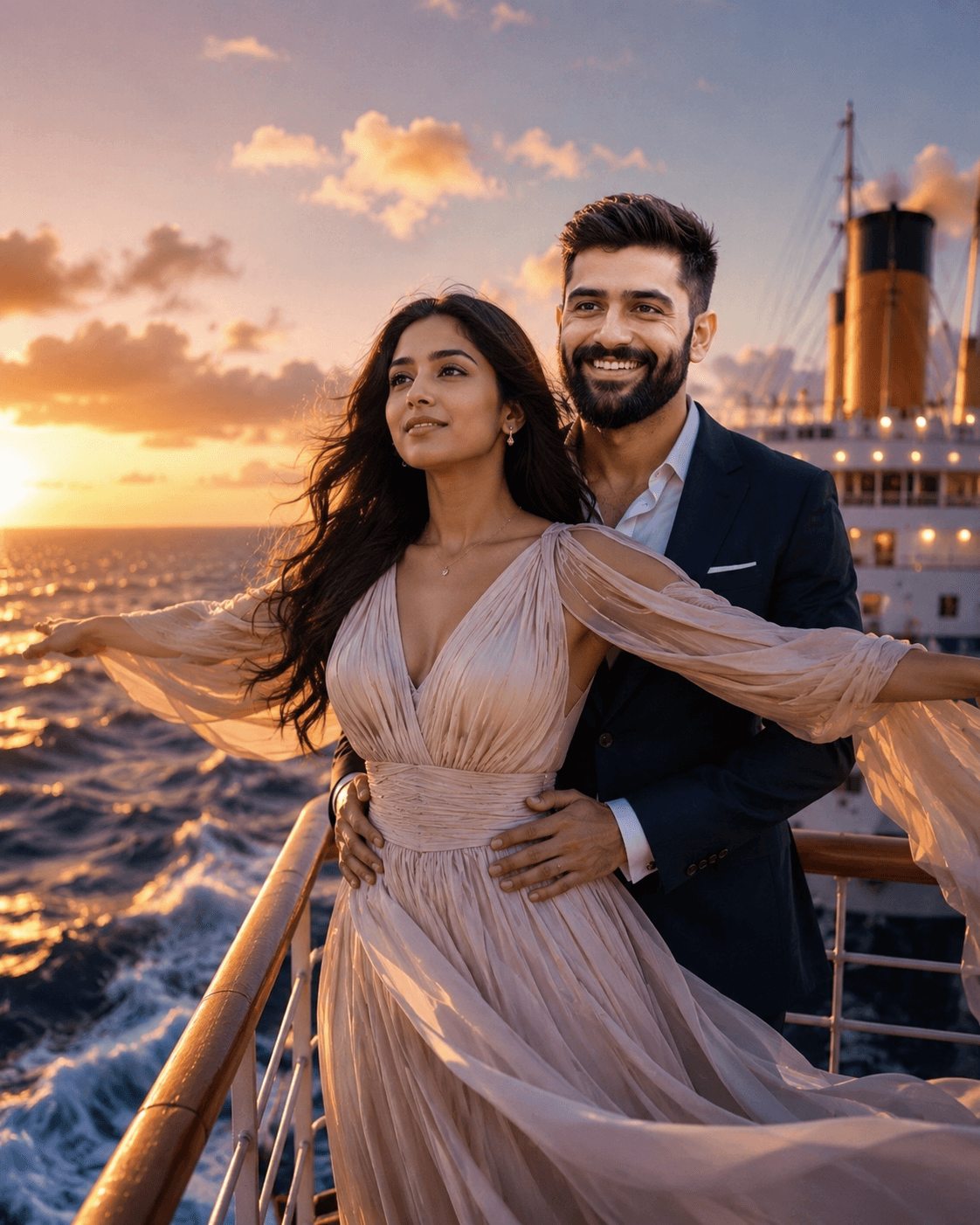 Titanic Pose Couple AI Prompt | Ultra-Realistic Romantic Sunset Ship Scene | Cinematic 8K Photo Generation