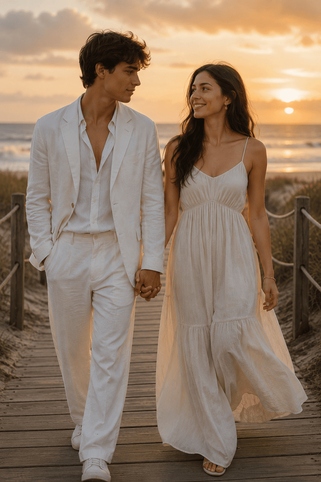 Young Couple Walking to Beach at Sunset – Ultra Realistic AI Image Prompt