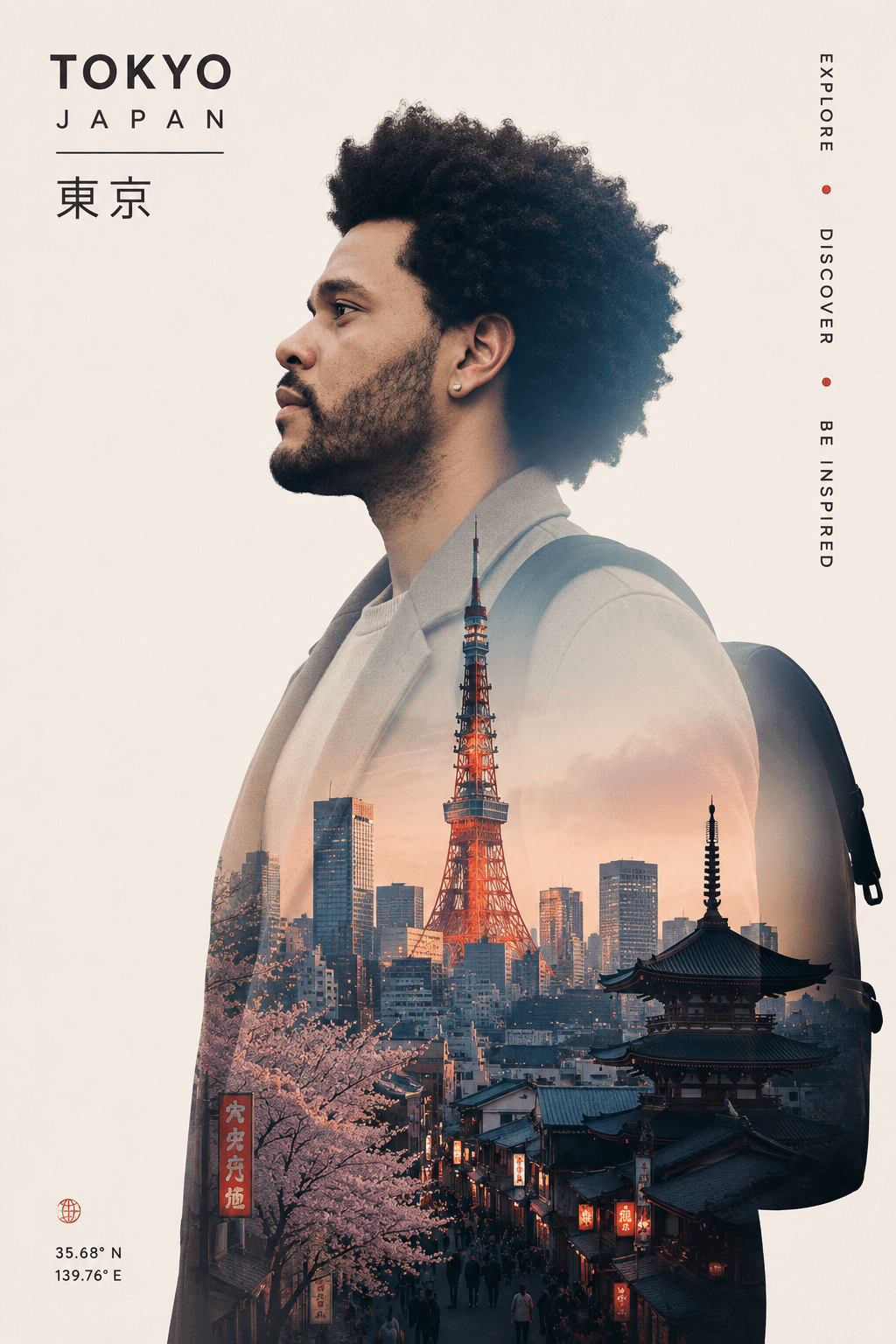 Tokyo Double Exposure Travel Poster Prompt | Minimalist Traveler Silhouette AI Art