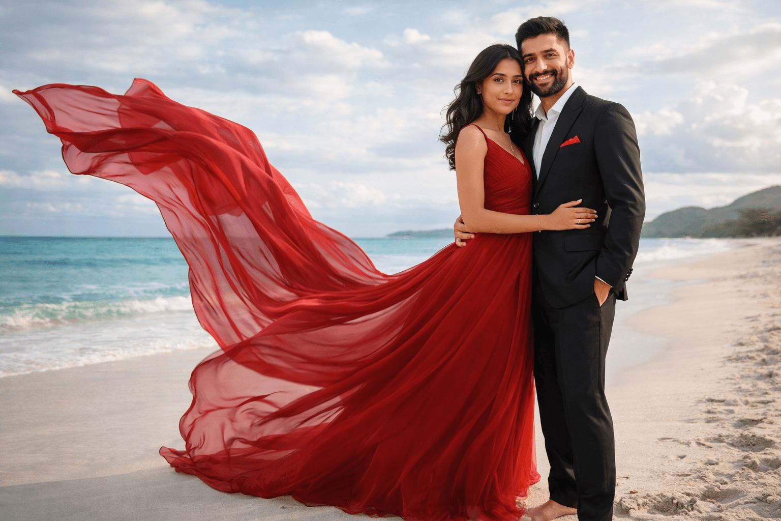 Cinematic Beach Couple AI Photo Prompt | Romantic South Asian Portrait Style