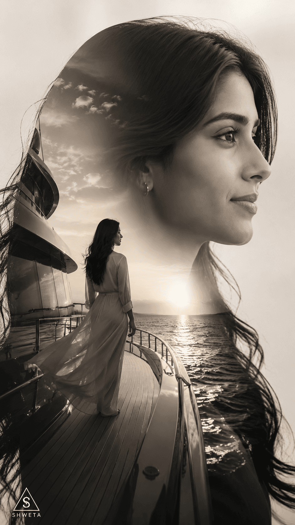 Luxury Yacht Double Exposure Portrait Prompt | Black & White Cinematic Travel Art with Face Lock