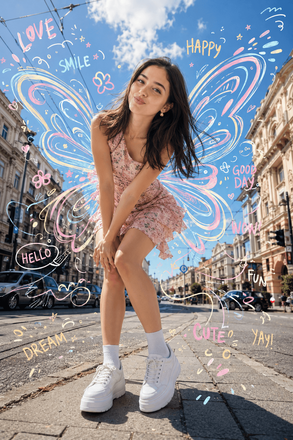 Ultra Realistic Travel Portrait Prompt with Face Reference Consistency | European Street | Butterfly Doodle Wings | AI Photo Prompt